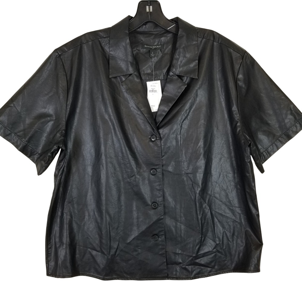 Banana Republic Womens Black Vegan Faux Leather Short Sleeve Button Down Shirt L